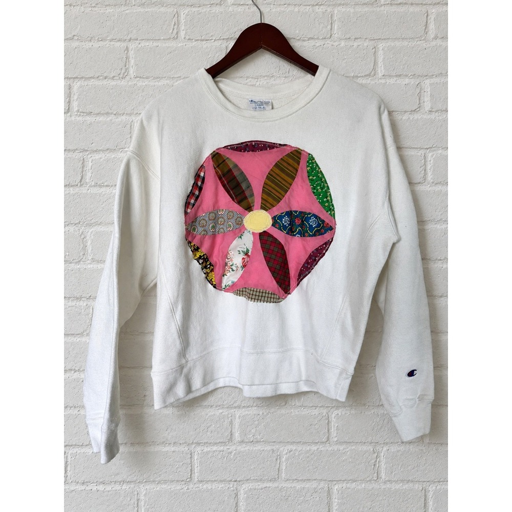 Upcycled Champion White Vintage quilt Patchwork Custom Sweatshirt Large